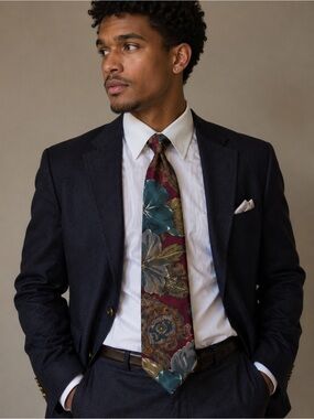 Vintage Villa Bugatti Floral Paisley Statement Tie Burgundy Teal Wide Necktie